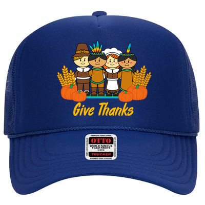 Give Thanks Pilgrim Indian Pumpkin Thanksgiving Celebration Meaningful Gift High Crown Mesh Back Trucker Hat