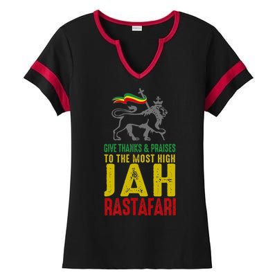 Give Thanks & Praises Rastafari Reggae Jah Rasta Clothing Ladies Halftime Notch Neck Tee