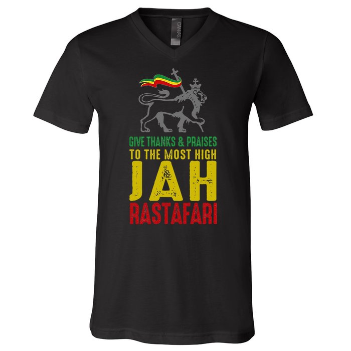 Give Thanks & Praises Rastafari Reggae Jah Rasta Clothing V-Neck T-Shirt