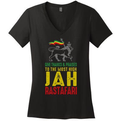 Give Thanks & Praises Rastafari Reggae Jah Rasta Clothing Women's V-Neck T-Shirt