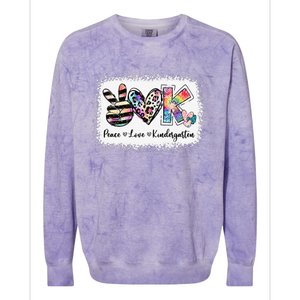 Grade Teacher Peace Love Kindergarten Team Kinder Bleached Colorblast Crewneck Sweatshirt