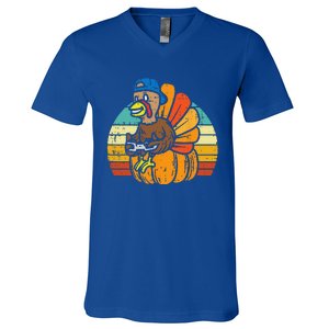 Gamer Turkey Pumpkin Retro Thanksgiving Video Games Funny V-Neck T-Shirt