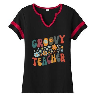 Groovy Teacher Retro Colorful Design Teacher Day Teaching Ladies Halftime Notch Neck Tee