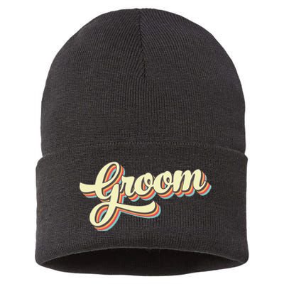 Groom T Retro Art Baseball Font Vintage Sustainable Knit Beanie