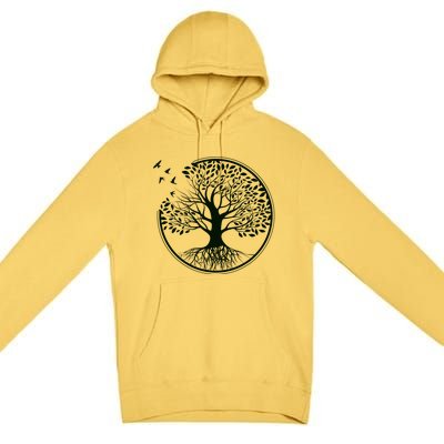 Green Tree Roots And Birds Emblem Nature Lover Premium Pullover Hoodie