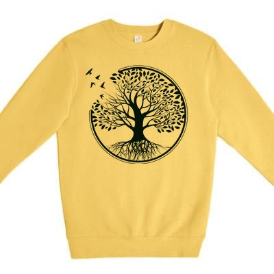 Green Tree Roots And Birds Emblem Nature Lover Premium Crewneck Sweatshirt