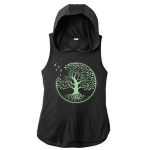 Green Tree Roots And Birds Emblem Nature Lover Ladies PosiCharge Tri-Blend Wicking Draft Hoodie Tank