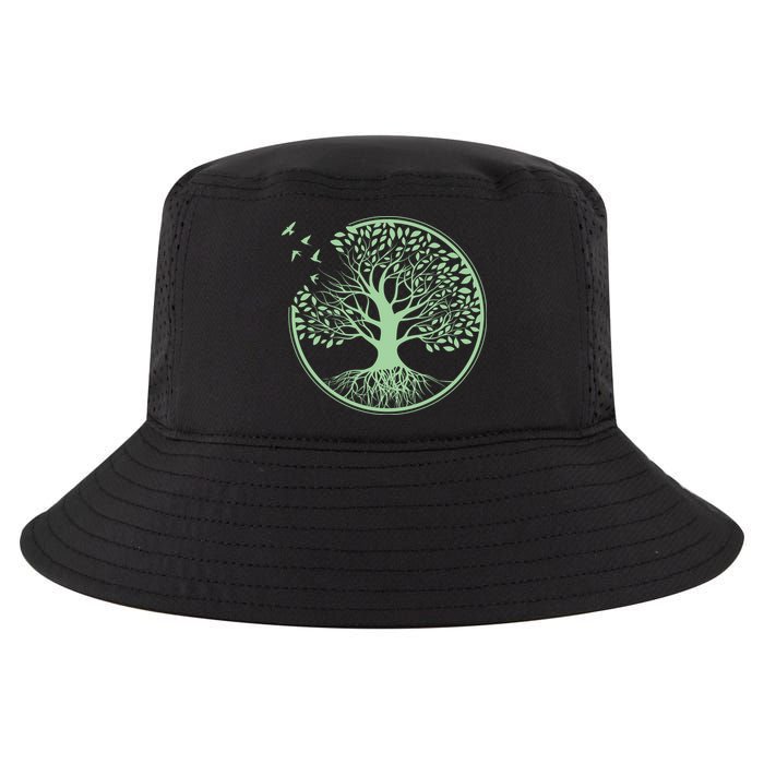 Green Tree Roots And Birds Emblem Nature Lover Cool Comfort Performance Bucket Hat