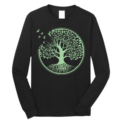 Green Tree Roots And Birds Emblem Nature Lover Long Sleeve Shirt