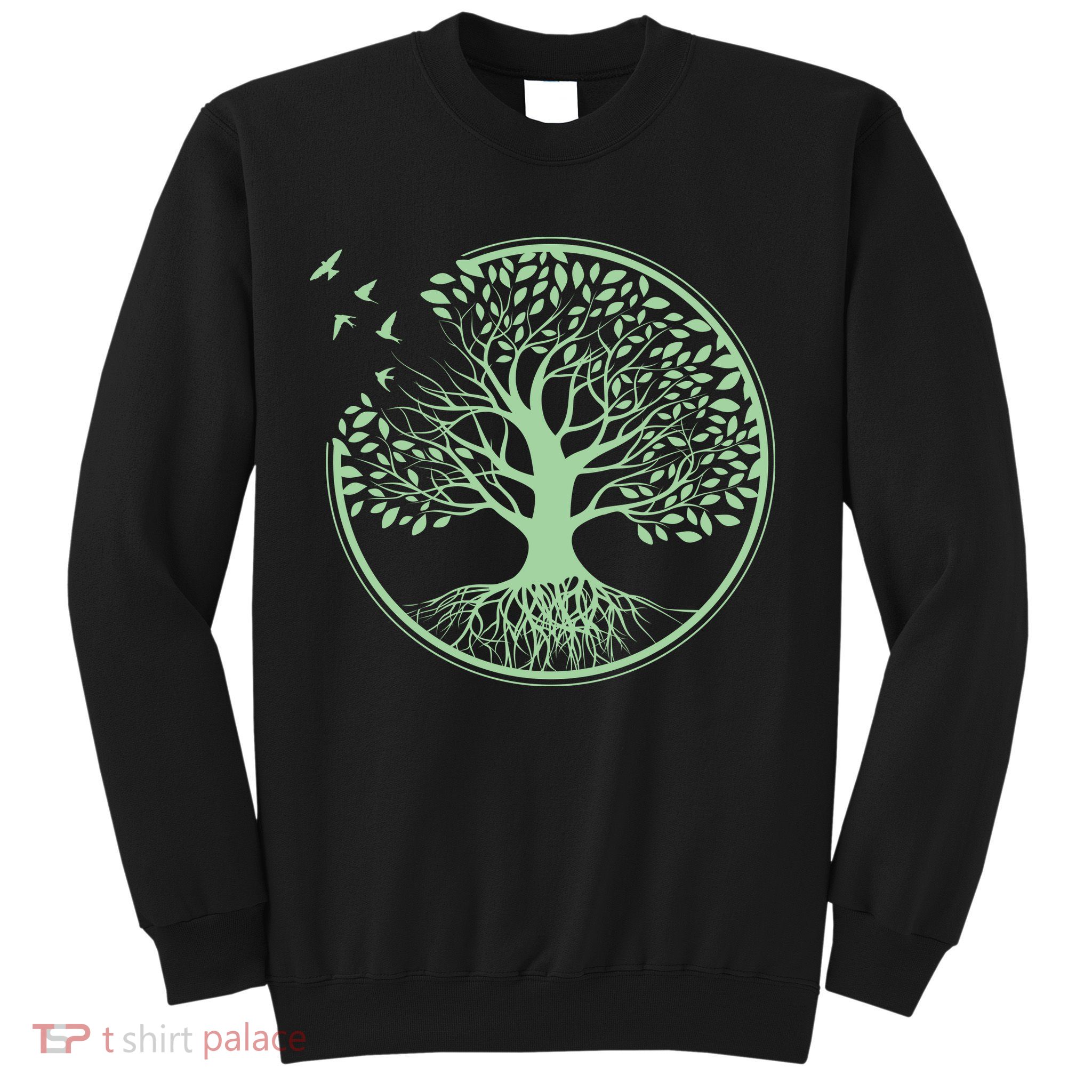 Green Tree Roots And Birds Emblem Nature Lover Sweatshirt