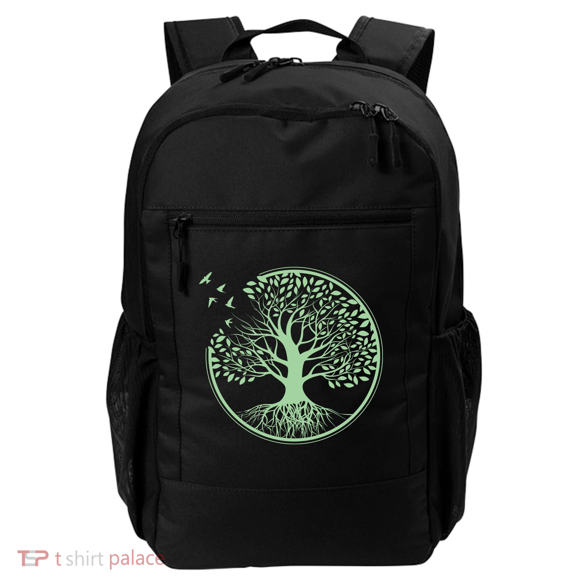 Green Tree Roots And Birds Emblem Nature Lover Daily Commute Backpack