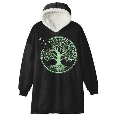 Green Tree Roots And Birds Emblem Nature Lover Hooded Wearable Blanket