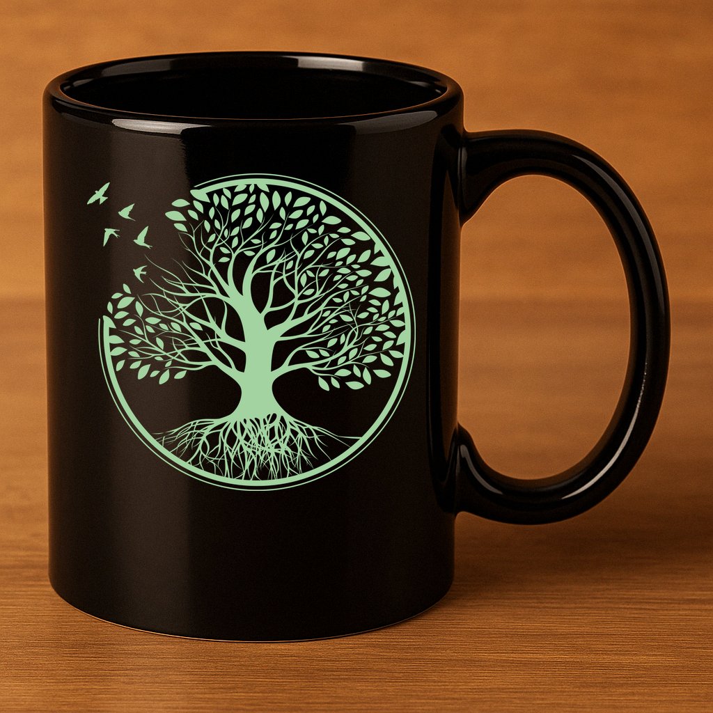 Green Tree Roots And Birds Emblem Nature Lover 11oz C Handle Ceramic Mug