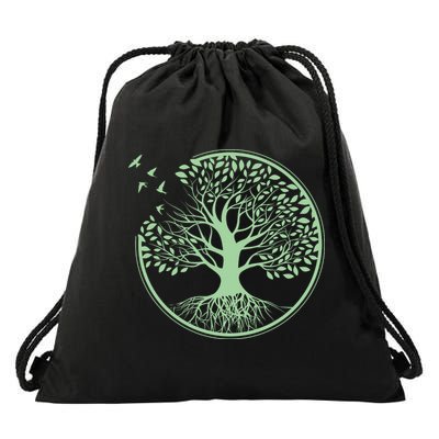 Green Tree Roots And Birds Emblem Nature Lover Drawstring Bag