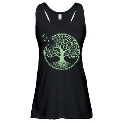 Green Tree Roots And Birds Emblem Nature Lover Ladies Essential Flowy Tank