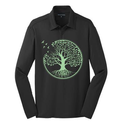 Green Tree Roots And Birds Emblem Nature Lover Silk Touch Performance Long Sleeve Polo