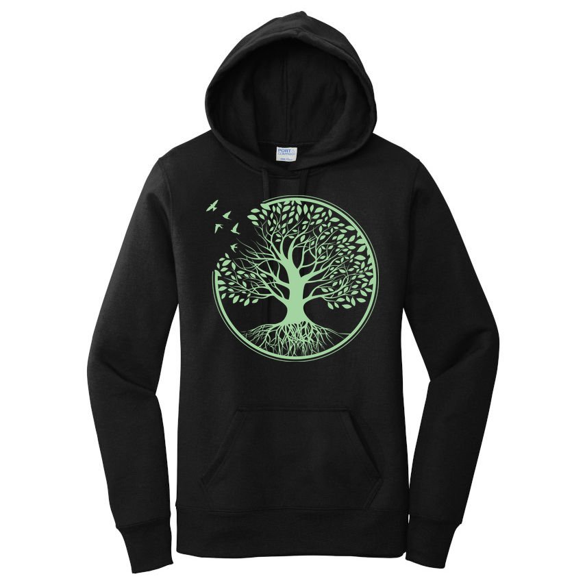 Green Tree Roots And Birds Emblem Nature Lover Women's Pullover Hoodie