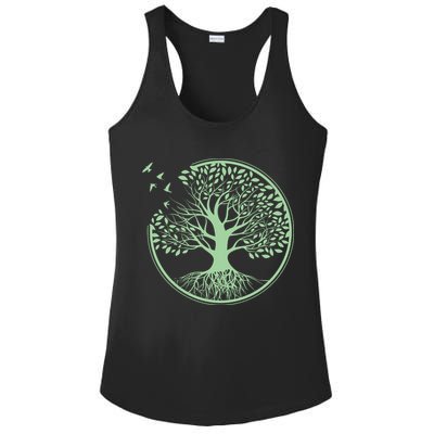 Green Tree Roots And Birds Emblem Nature Lover Ladies PosiCharge Competitor Racerback Tank