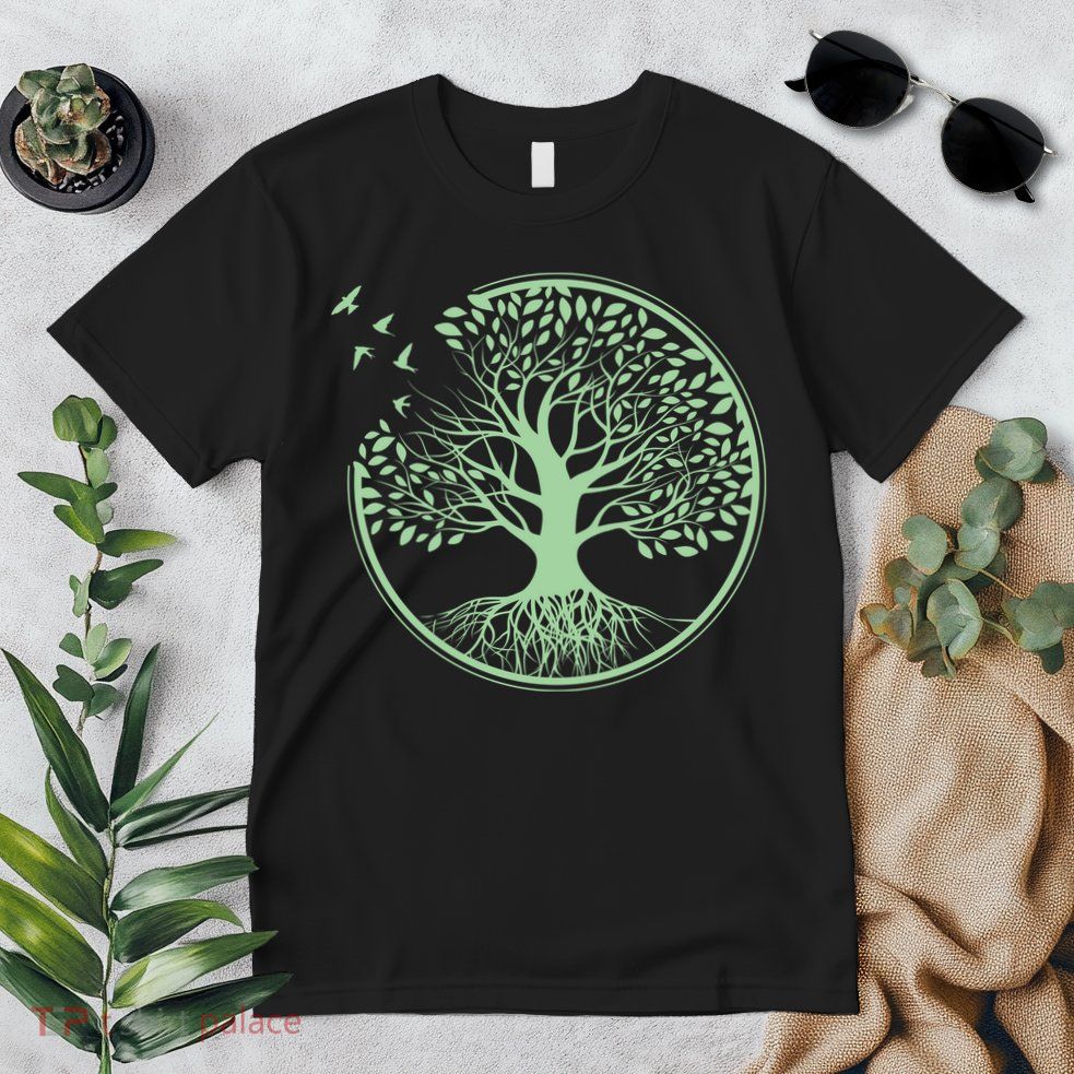 Green Tree Roots And Birds Emblem Nature Lover Premium T-Shirt