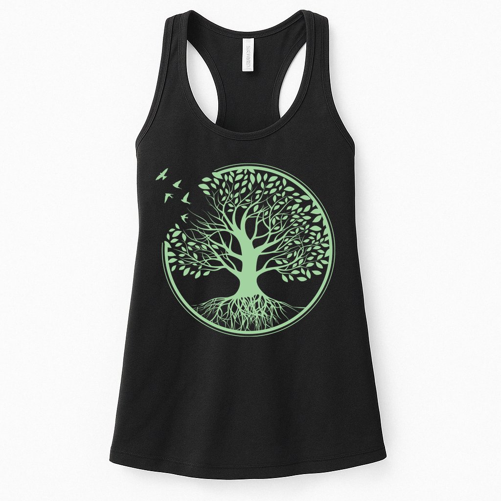 Green Tree Roots And Birds Emblem Nature Lover Womens Tank Top