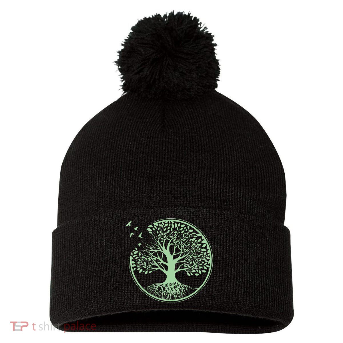 Green Tree Roots And Birds Emblem Nature Lover Pom Pom 12in Knit Beanie