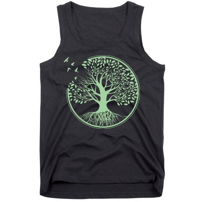 Green Tree Roots And Birds Emblem Nature Lover Tank Top