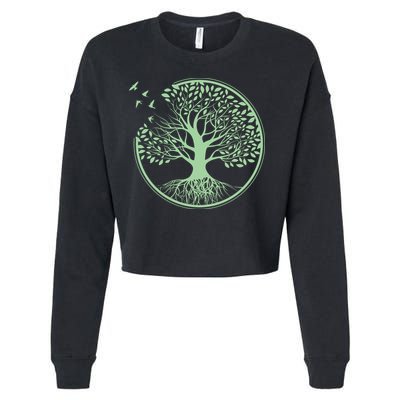 Green Tree Roots And Birds Emblem Nature Lover Cropped Pullover Crew