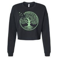Green Tree Roots And Birds Emblem Nature Lover Cropped Pullover Crew