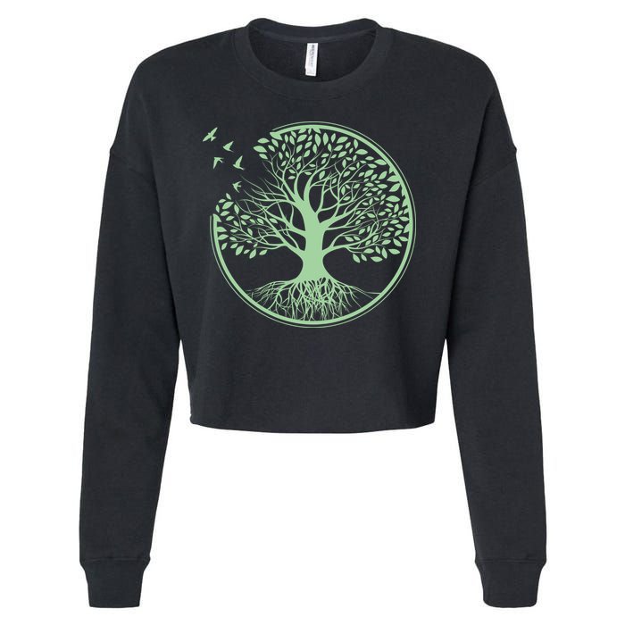 Green Tree Roots And Birds Emblem Nature Lover Cropped Pullover Crew