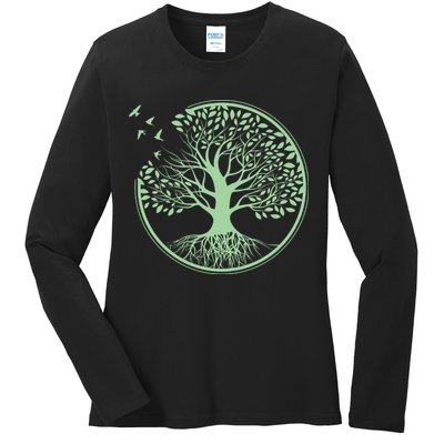 Green Tree Roots And Birds Emblem Nature Lover Ladies Long Sleeve Shirt