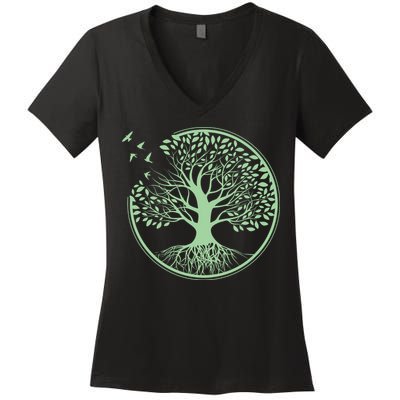 Green Tree Roots And Birds Emblem Nature Lover Women's V-Neck T-Shirt