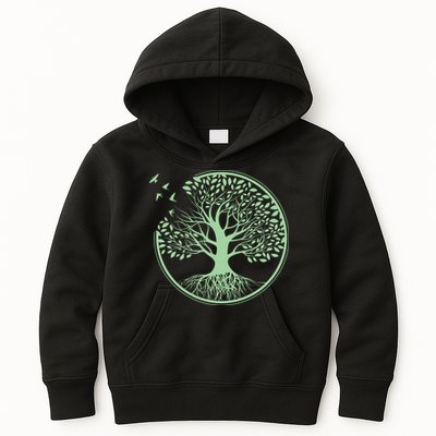 Green Tree Roots And Birds Emblem Nature Lover Kids Hoodie