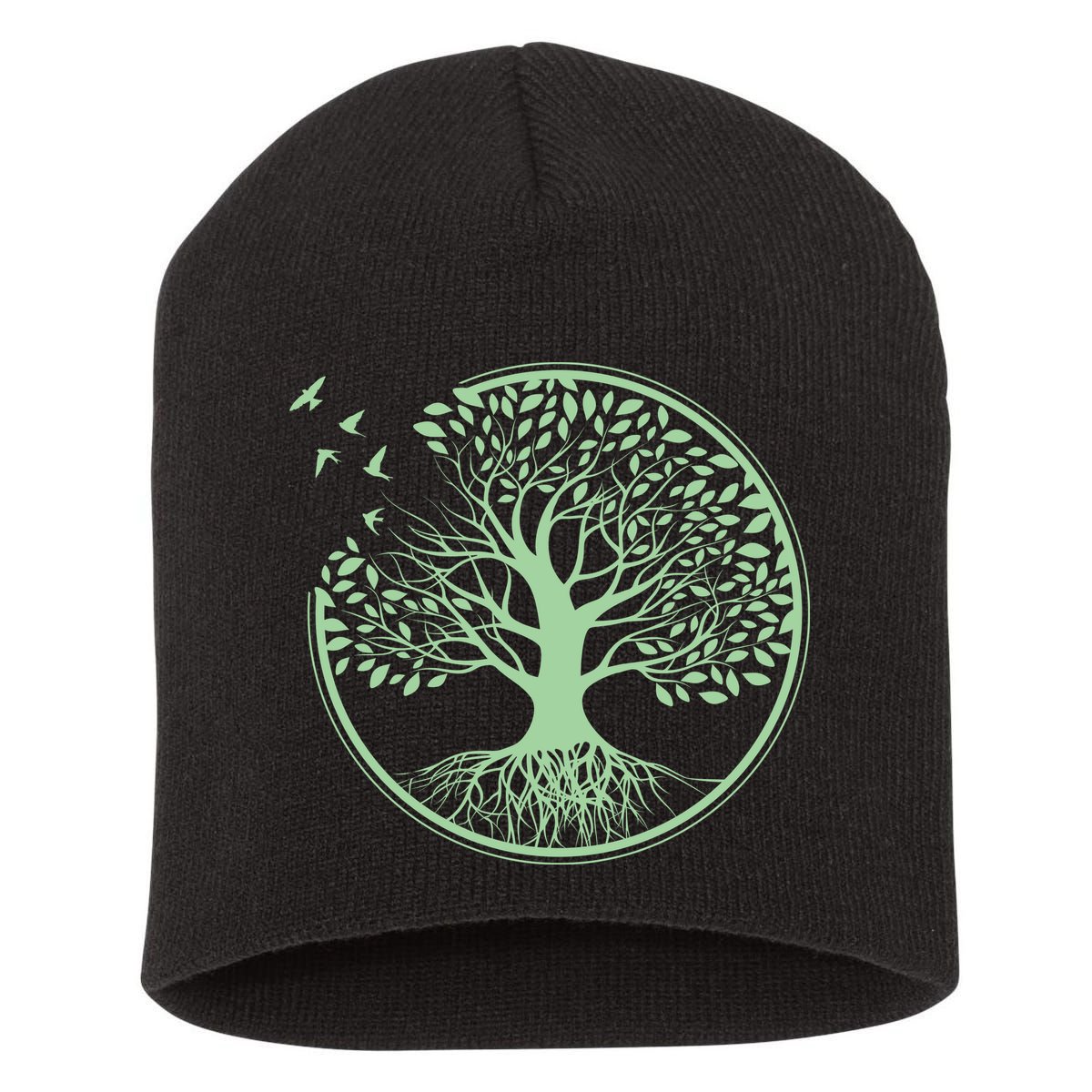 Green Tree Roots And Birds Emblem Nature Lover Short Acrylic Beanie