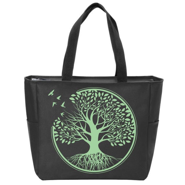 Green Tree Roots And Birds Emblem Nature Lover Zip Tote Bag