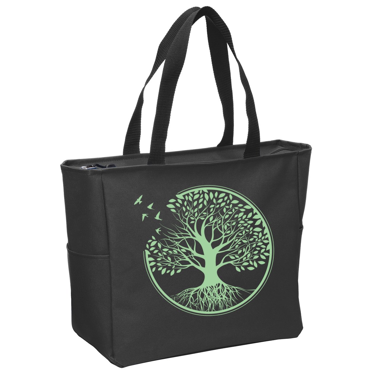 Green Tree Roots And Birds Emblem Nature Lover Zip Tote Bag