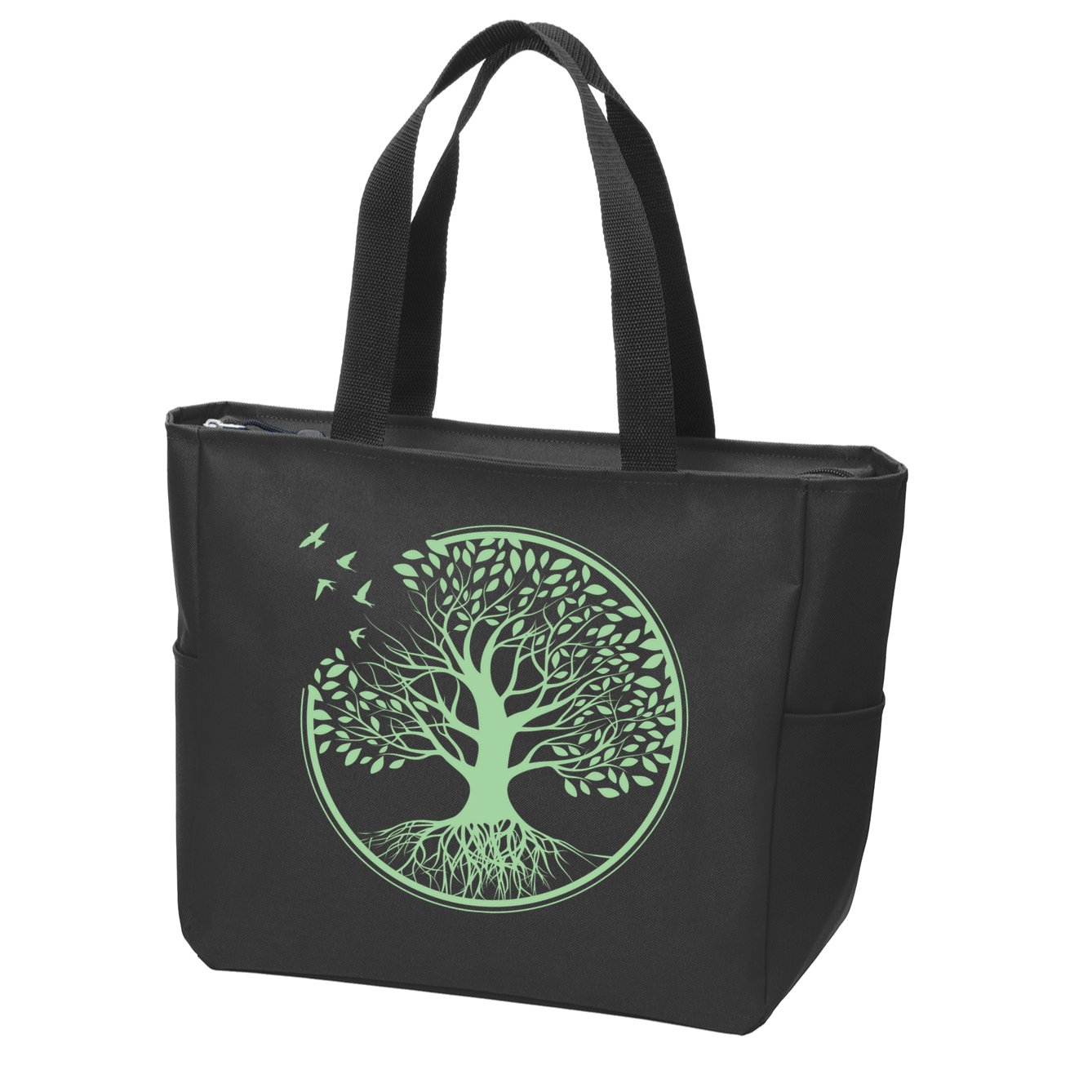 Green Tree Roots And Birds Emblem Nature Lover Zip Tote Bag