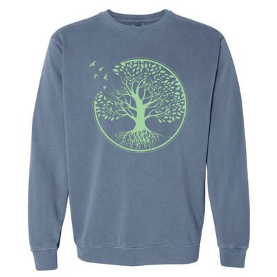 Green Tree Roots And Birds Emblem Nature Lover Garment-Dyed Sweatshirt