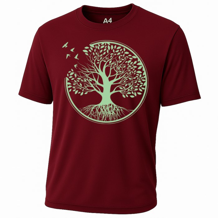 Green Tree Roots And Birds Emblem Nature Lover Cooling Performance Crew T-Shirt