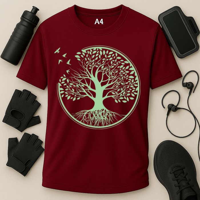 Green Tree Roots And Birds Emblem Nature Lover Cooling Performance Crew T-Shirt