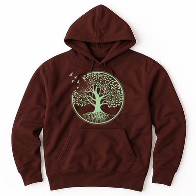Green Tree Roots And Birds Emblem Nature Lover Hoodie