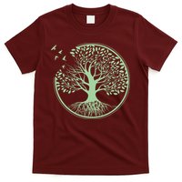 Green Tree Roots And Birds Emblem Nature Lover T-Shirt