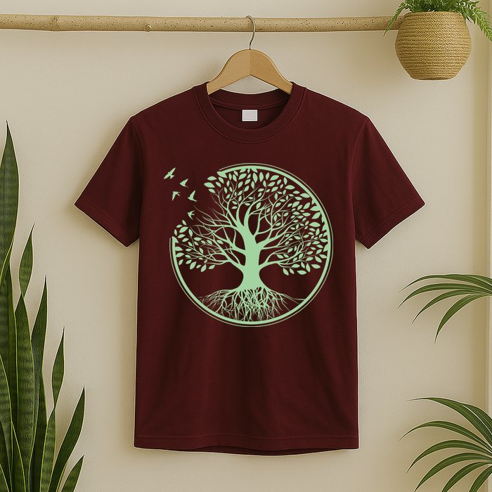 Green Tree Roots And Birds Emblem Nature Lover T-Shirt