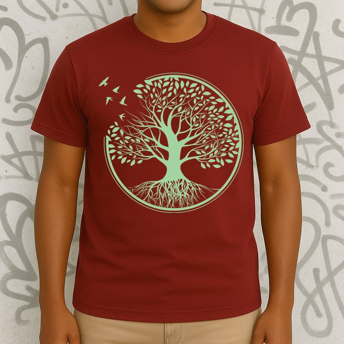 Green Tree Roots And Birds Emblem Nature Lover T-Shirt