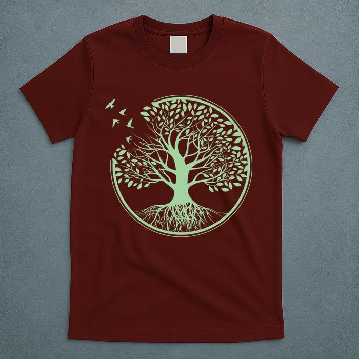 Green Tree Roots And Birds Emblem Nature Lover T-Shirt