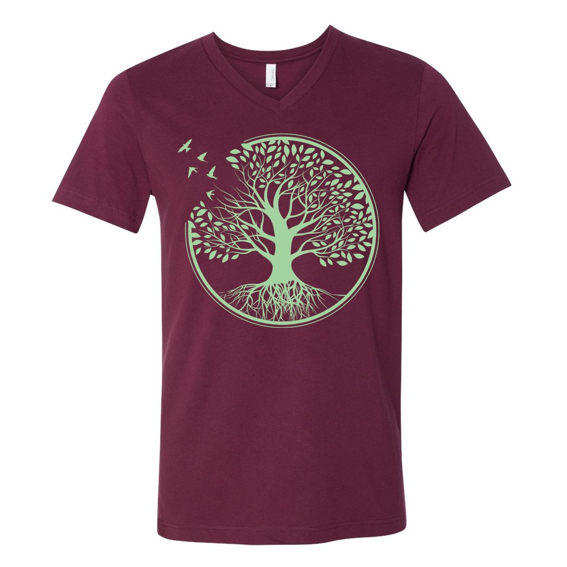 Green Tree Roots And Birds Emblem Nature Lover V-Neck T-Shirt