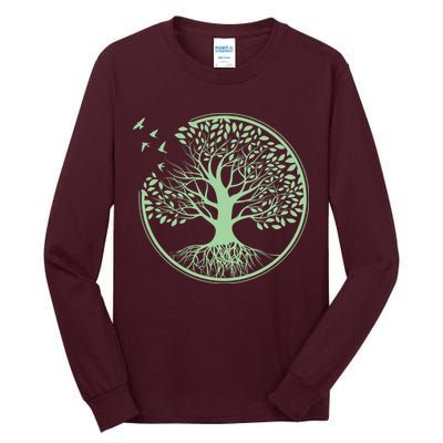 Green Tree Roots And Birds Emblem Nature Lover Tall Long Sleeve T-Shirt