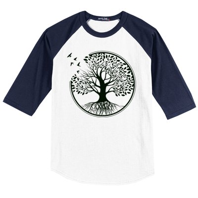 Green Tree Roots And Birds Emblem Nature Lover Baseball Sleeve Shirt