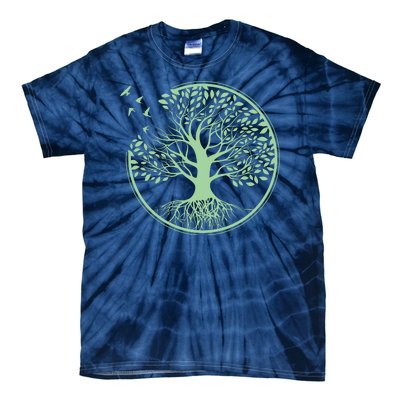 Green Tree Roots And Birds Emblem Nature Lover Tie-Dye T-Shirt