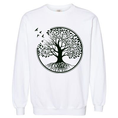 Green Tree Roots And Birds Emblem Nature Lover Garment-Dyed Sweatshirt