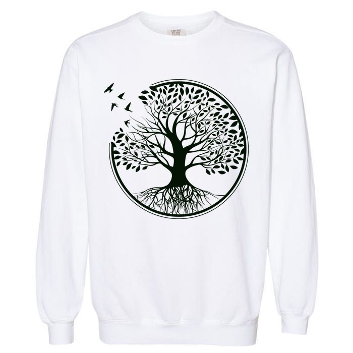 Green Tree Roots And Birds Emblem Nature Lover Garment-Dyed Sweatshirt